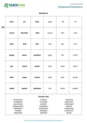 ESL Compound Noun Game preview for Upper-intermediate B2 showing pelmanism, matching, and pair sentence practice