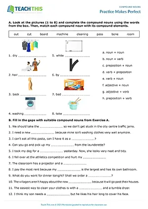 ESL Compound Nouns Worksheet preview for Intermediate B1 showing labelling, matching, gap-fill, and sentence writing