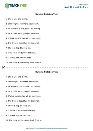 ESL And, But and So activity preview elementary A1-A2: running dictation, rewriting, pair work