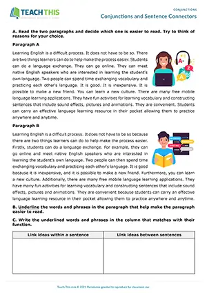 ESL conjunctions and sentence connectors worksheet preview intermediate B1: identifying, categorising, gap-fill, rewriting