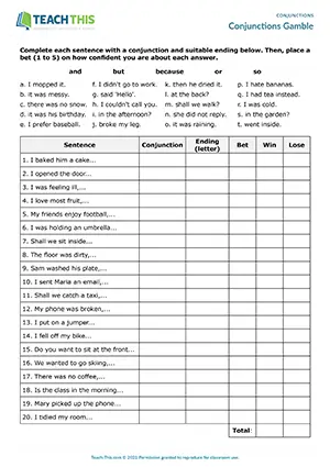 ESL coordinating conjunctions game preview pre-intermediate A2: matching, sentence completion, betting