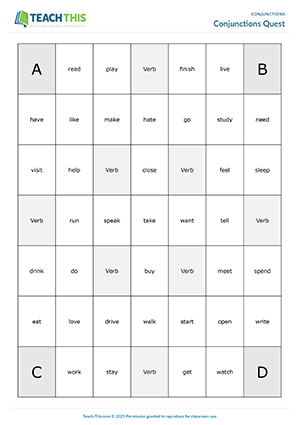 ESL coordinating conjunctions board game preview elementary A1-A2: sentence formation, group work