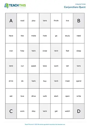ESL coordinating conjunctions board game preview elementary A1-A2: sentence formation, group work