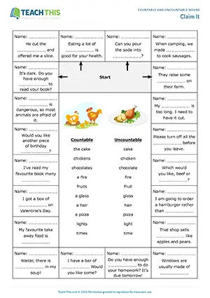 ESL countable and uncountable nouns board game preview pre-intermediate A2: completing sentences, group work