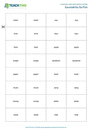 ESL countable and uncountable nouns game preview elementary A1-A2: matching, asking and answering, group work