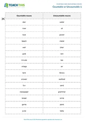ESL countable or uncountable nouns game preview pre-intermediate A2: categorising, forming sentences, pair work