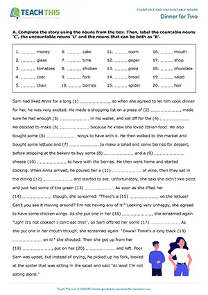 ESL countable or uncountable nouns worksheet preview pre-intermediate A2: gap-fill, categorising, guessing