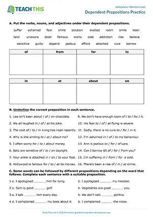 ESL dependent prepositions worksheet for upper-intermediate B2, categorizing, multiple choice, gap-fill, matching