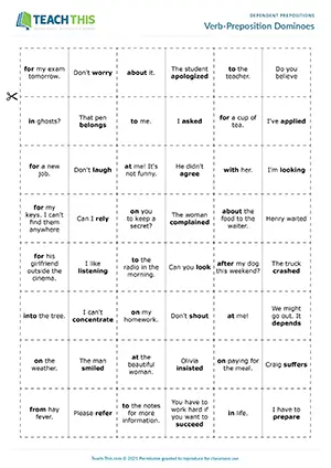 ESL dependent prepositions dominoes game for intermediate B1, verb-preposition collocations, group work