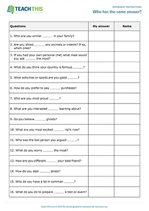 ESL dependent prepositions speaking activity for intermediate B1, question completion, mingling