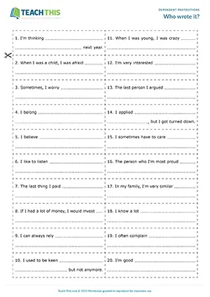 ESL dependent prepositions speaking activity for intermediate B1, sentence completion, mingling, yes/no questions