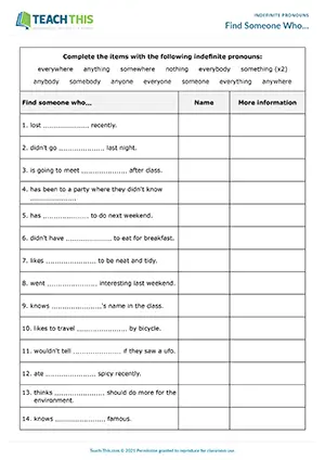 ESL Indefinite Pronouns Activity - Vocabulary and Speaking: Gap-fill, Asking and Answering Questions from Prompts, Freer Practice - Intermediate (B1) - Find Someone Who... worksheet preview