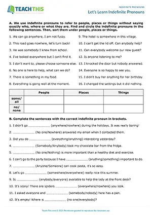 ESL Indefinite Pronouns Worksheet - Grammar and Vocabulary Exercises: Identifying, Categorising, Gap-fill, Unscrambling, Writing Sentences - Intermediate (B1) - Let's Learn Indefinite Pronouns worksheet preview