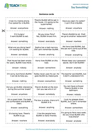 ESL Indefinite Pronouns Game - Vocabulary and Grammar: Matching, Sentence Completion - Group Work - Intermediate (B1) - Say Something! worksheet preview