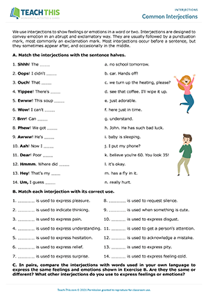 Common Interjections Worksheet Preview