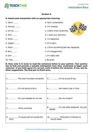 ESL Interjections Game - Vocabulary: Matching, Sentence Completion - Group and Pair Work - Intermediate (B1) - Interjections Race worksheet preview