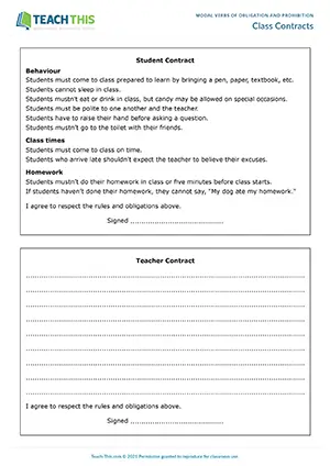 ESL Modal Verbs of Obligation and Prohibition Activity - Vocabulary and Writing Exercise: Writing Sentences - Group Work - Pre-intermediate (A2) - Class Contracts worksheet preview
