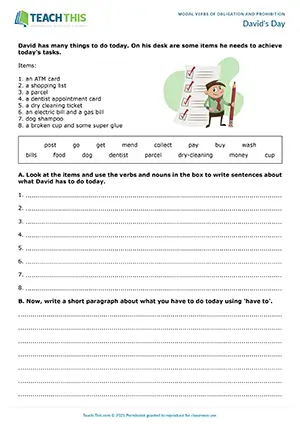 ESL Have to Worksheet - Grammar, Vocabulary and Writing Exercises: Writing Sentences from Prompts, Paragraph Writing - Pre-intermediate (A2) - David's Day worksheet preview