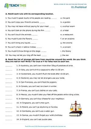 ESL Modal Verbs of Prohibition Worksheet - Grammar and Vocabulary Exercises: Matching, True or False, Gap-fill, Sentence Completion - Pre-intermediate (A2) - It's Prohibited worksheet preview