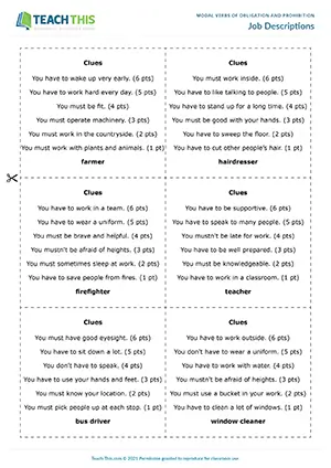 ESL Have to and Must Game - Speaking and Vocabulary: Reading and Writing Clues, Guessing - Pair Work - Intermediate (B1) - Job Descriptions worksheet preview