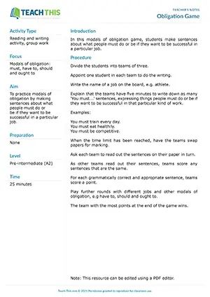 ESL Modal Verbs of Obligation Game - Vocabulary and Writing: Writing Sentences - Group Work - Pre-intermediate (A2) - Obligation Game worksheet preview
