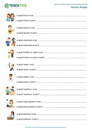 ESL Must and Mustn't Activity - Speaking: Sentence Completion, Discussion, Freer Practice - Group Work - Pre-intermediate (A2) - Perfect People worksheet preview