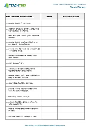ESL Should Activity - Speaking: Forming, Asking and Answering Questions from Prompts, Freer Practice - Intermediate (B1) - Should Survey worksheet preview