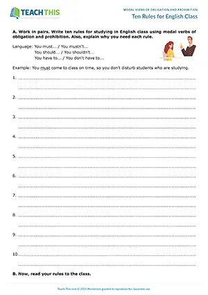 ESL Modal Verbs of Obligation and Prohibition Activity - Vocabulary and Writing: Writing Sentences, Presenting - Pair Work - Pre-intermediate (A2) - Ten Rules for English Class worksheet preview