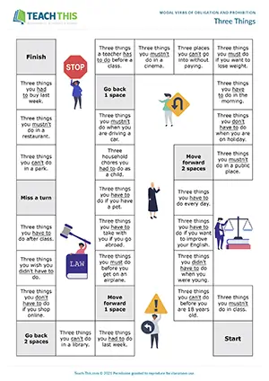ESL Modal Verbs of Obligation and Prohibition Board Game - Speaking: Forming Sentences from Prompts, Freer Practice - Group Work - Intermediate (B1) - Three Things worksheet preview