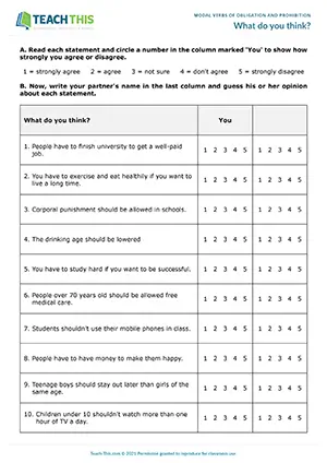 ESL Have to and Should Activity - Speaking: Guessing, Guided Discussion, Freer Practice - Pair Work - Intermediate (B1) - What do you think? worksheet preview
