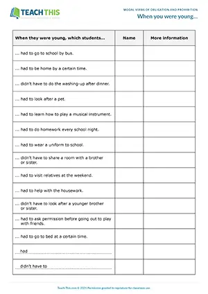 ESL Had To and Didn't Have To Activity - Speaking: Asking and Answering Questions from Prompts, Controlled and Freer Practice - Intermediate (B1) - When you were young... worksheet preview