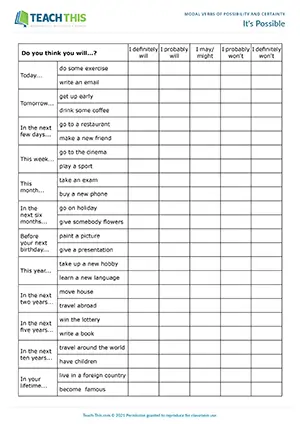 ESL Modal Verbs of Possibility and Certainty Activity - Speaking: Asking and Answering Questions, Oral Presentation, Freer Practice - Pair and Group Work - Writing: Summarising - Intermediate (B1) - It's Possible worksheet preview