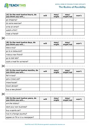 ESL May and Might Activity - Speaking: Asking and Answering Questions from Prompts, Freer Practice - Group Work - Pre-intermediate (A2) - The Realms of Possibility worksheet preview