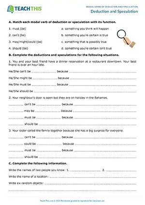 ESL Modal Verbs of Deduction and Speculation Worksheet - Grammar and Writing Exercises: Matching, Sentence Completion, Gap-fill, Paragraph Writing - Intermediate (B1) - Deduction and Speculation worksheet preview
