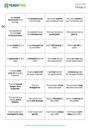 ESL Phrasal Verbs Game - Vocabulary: Guessing Vocabulary from Clues - Pair Work - Intermediate (B1) - Change it worksheet preview