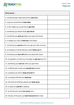 ESL Phrasal Verbs and Idioms Game - Vocabulary: Writing Short Answers, Guessing - Group Work - Intermediate (B1) - Copy me worksheet preview