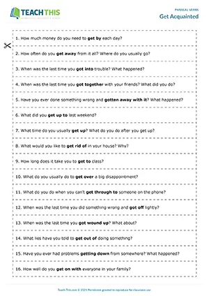 ESL Phrasal Verbs with Get Activity - Vocabulary and Speaking: Asking and Answering Questions from Prompts, Controlled and Freer Practice - Upper-intermediate (B2) - Get Acquainted worksheet preview