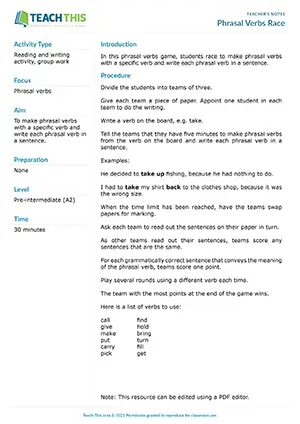 ESL Phrasal Verbs Game - Vocabulary and Writing: Forming Words and Sentences - Group Work - Intermediate (B1) - Phrasal Verbs Race worksheet preview
