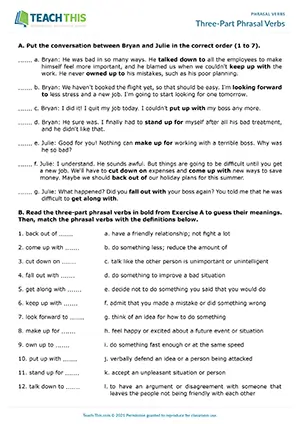 ESL Three-Word Phrasal Verbs Worksheet - Reading and Vocabulary Exercises: Ordering, Matching, Gap-fill, Forming Collocations - Upper-intermediate (B2) - Three-Part Phrasal Verbs worksheet preview