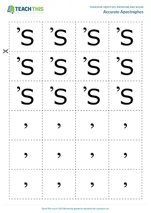 ESL apostrophe games preview featuring grammar and speaking activities, matching exercises, sentence formation practice for pre-intermediate A2 level students