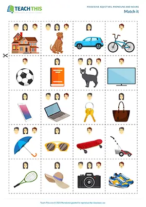 ESL possessive adjective games preview featuring vocabulary matching activities, grammar exercises, speaking practice with his, her, their for beginner A1 level students