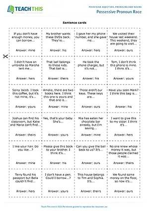 ESL possessive pronouns game preview featuring grammar activities, matching exercises, sentence completion practice, group work for pre-intermediate A2 students