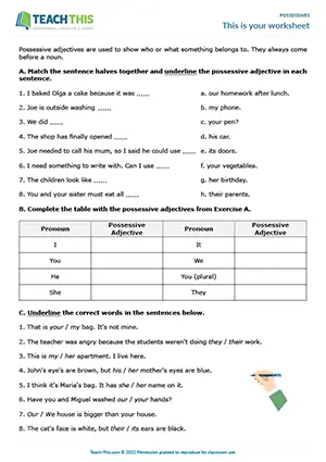 ESL possessive adjectives worksheet preview with grammar exercises including matching, labelling, underlining, gap-fill, unscrambling activities for elementary A1-A2 students