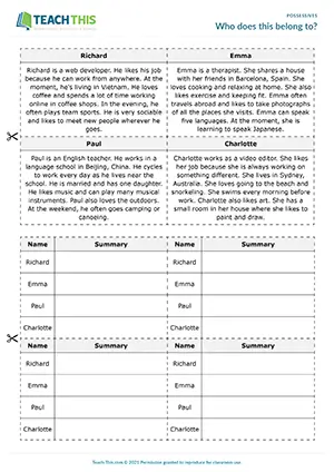 ESL possessives activity preview featuring speaking exercises, reading and listening practice, summarizing activities, matching exercises for intermediate B1 students