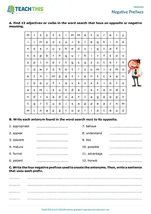 ESL negative prefixes worksheet preview featuring vocabulary exercises, word search activities, identifying practice, matching exercises for upper-intermediate B2 students
