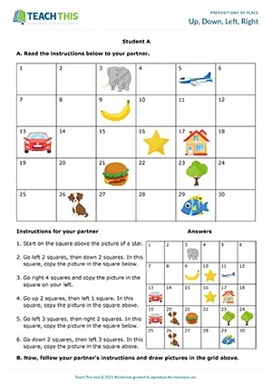 ESL up, down, left, right activity preview for A1-A2 showing students drawing in grid squares based on directions with prepositions