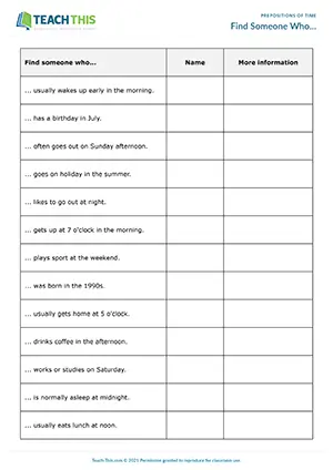 ESL prepositions of time activity preview featuring speaking exercises, question prompts, answer practice, freer practice activities for elementary A1-A2 students