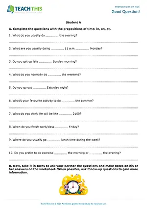 ESL prepositions of time activity preview featuring grammar and speaking exercises, gap-fill activities, question-answer practice for pre-intermediate A2 students