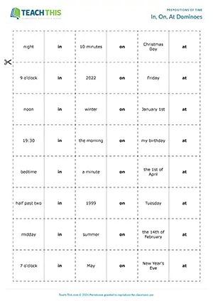 ESL in, on, at game preview featuring vocabulary activities, matching exercises, sentence formation practice, group work for pre-intermediate A2 students