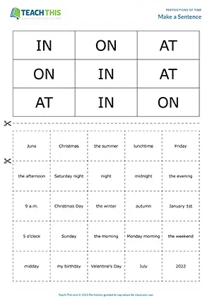 ESL prepositions of time game preview featuring grammar activities, matching exercises, sentence formation practice, pair work for elementary A1-A2 students